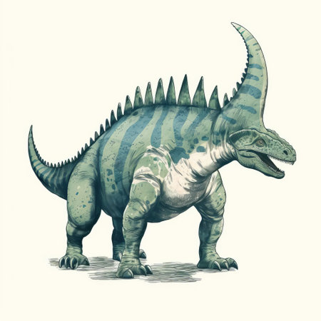 the lambeosaurus, a majestic hadrosaurid dinosaur, is beautifully showcased in this isolated print stamp, featuring its full body in exquisite detail against a crisp white background, perfect for paleontology enthusiasts and dinosaur lovers alike. ai generatedの素材