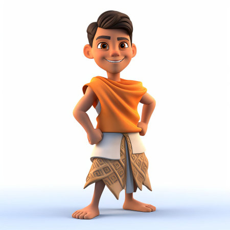 oliver, a cheerful cartoon character, is depicted in a vibrant 3d render, wearing a colorful sarong, showcasing his playful personality against a crisp white background, perfect for illustrations, animations, and digital designs requiring a fun and lively atmosphere. ai generatedの素材