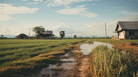 the thai countryside, bathed in warm golden light, stretches towards the horizon, where lush green fields meet the sky, as captured on analog film, evoking a sense of serenity and tranquility, with the white sand of a rural pathway leading the viewer's eye through the scene. ai generatedの素材