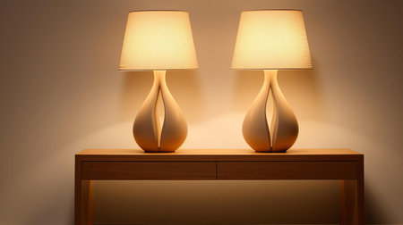 the belgian dubbel lamp stands elegantly on a minimalist table, its simple yet sophisticated tan art design blending seamlessly with the surrounding decor, evoking a sense of refined sophistication and warm ambiance, perfect for a cozy living room or office space. ai generatedの素材