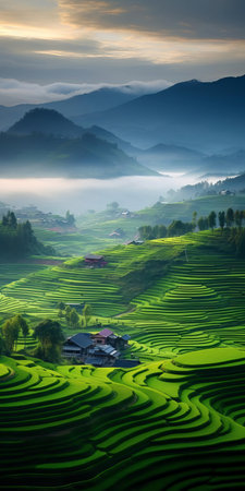 "the countryside scenery stretches as far as the eye can see, showcasing rolling hills, lush green pastures, and rustic farmland, capturing the serene beauty of rural life in this stunning real photo, perfect for nature lovers and those seeking a peaceful escape from city life.", ai generatedの素材