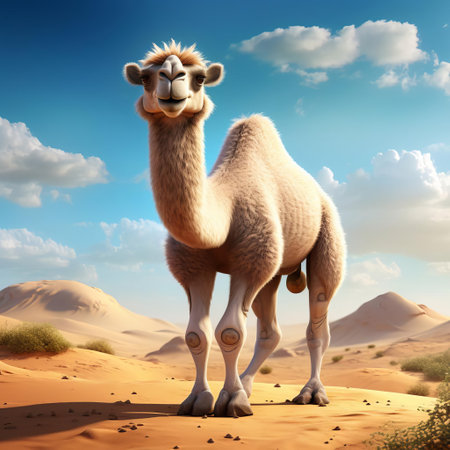the camel stands tall and proud, its large, expressive eyes gazing out with a curious intensity, set against a vibrant, whimsical background reminiscent of a pixar animation, with soft, rolling hills and fluffy white clouds, evoking a sense of wonder and adventure in the desert landscape. ai generatedの素材