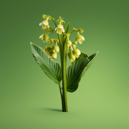 the cowslip, a delicate perennial wildflower, is showcased in stunning detail against a solid background, its intricate yellow petals and green sepals captured with minimal retouching in a frontal view, evoking the style of a micro photograph, highlighting its unique botanical features and textures. ai generatedの素材