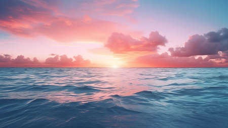 the sea stretches out in tranquility, its gentle waves and soft blue hues evoking a sense of calmness and serenity, perfect for relaxation and meditation, capturing the essence of a peaceful ocean scene on a sunny day, ideal for wallpaper or background use. ai generatedの素材