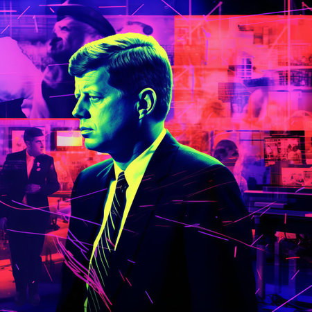 the assassination of john f. kennedy is reimagined in a stunning abstract artwork, blending the tragedy of that fateful day in dallas with a futuristic y2k databending twist, creating a mesmerizing visual representation of a pivotal moment in american history, where glitch art meets historical significance. ai generatedの素材