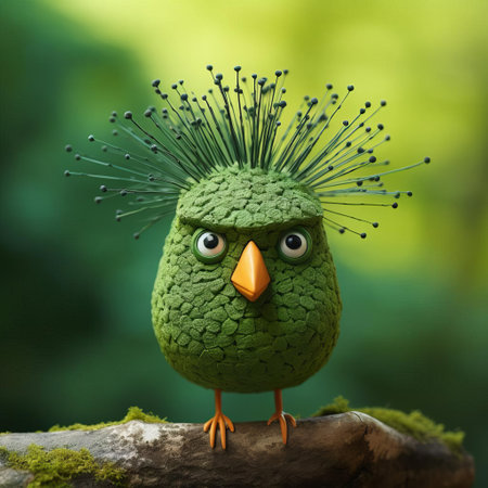this vibrant green bird figurine, reminiscent of evgeni gordiets' and clemens ascher's inventive character designs, boasts intricately painted eyes on its head, set amidst spiky mounds of coral, evoking the concrete, whimsical style of didier lourenco, captured in a stunning close-up shot. ai generatedの素材