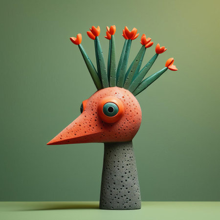 this vibrant green bird figurine, reminiscent of evgeni gordiets' and clemens ascher's inventive character designs, boasts intricately painted eyes on its head, set amidst spiky mounds of coral, evoking the concrete, avant-garde style of didier lourenco, captured in a stunning close-up shot. ai generatedの素材