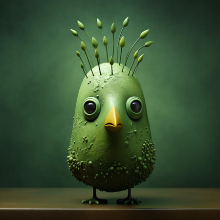 the bell jar encases a vibrant green bird figurine, its head adorned with intricately painted eyes, reminiscent of the whimsical styles of evgeni gordiets, clemens ascher, and didier lourenco, blending concrete and inventive character designs with spiky mounds, showcased in a stunning close-up shot. ai generatedの素材