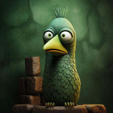this vibrant green bird figurine, reminiscent of evgeni gordiets' and clemens ascher's inventive character designs, boasts intricately painted eyes on its head, evoking the whimsical style of didier lourenco's concrete art, set against a backdrop of spiky mounds, captured in a stunning close-up shot. ai generatedの素材