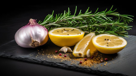 freshly cut lemons sit atop a dark stone background, surrounded by fragrant rosemary sprigs, pungent onions, and aromatic spices, evoking the essence of a refreshing summer salad or a zesty marinade, perfect for elevating any dish with a burst of citrus flavor and herbal notes. ai generatedの素材