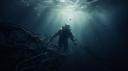 "a desperate diver is overcome with psychological terror as they're getting dragged to the bottom of the ocean by a taut rope, evoking a sense of cinematic realism, with the dark blue water pressure and eerie seaweed surroundings amplifying the feeling of hopelessness and despair.", ai generatedの素材