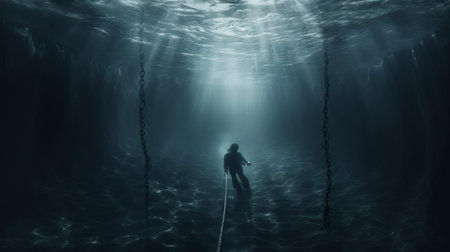a drowning victim is overwhelmed by psychological terror as they're getting dragged to the bottom of the ocean by a rope, showcasing cinematic realism in this haunting underwater scene, evoking feelings of desperation and hopelessness, perfect for horror movie enthusiasts and fans of suspenseful aquatic thrillers. ai generatedの素材