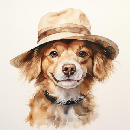 this adorable dog, dressed in a stylish hat, takes center stage on a crisp white background in a beautiful watercolor painting, showcasing the artist's skillful brushstrokes and vibrant color palette, perfect for dog lovers and art enthusiasts alike, evoking feelings of joy and whimsy. ai generatedの素材