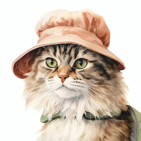 the whimsical cat, adorned with a stylish hat, takes center stage in this beautiful watercolor artwork, set against a crisp white background, showcasing the artist's skillful use of delicate brushstrokes and vibrant colors to capture the feline's playful personality and charming elegance. ai generatedの素材
