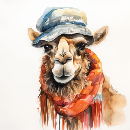the camel, adorned with a stylish hat, takes center stage in this whimsical watercolor artwork, set against a crisp white background, evoking a sense of elegance and playfulness, perfect for adding a touch of quirky charm to any room's decor, inspired by middle eastern and desert landscapes. ai generatedの素材