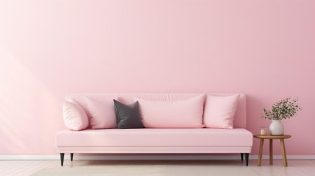 this elegant couch bed, set against a soothing pastel pink wall, creates a serene and feminine ambiance, perfect for showcasing lifestyle products, home decor, or fashion accessories in a soft, calming, and instagram-worthy setting. ai generatedの素材