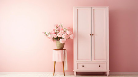 this elegant chifforobe stands against a soothing pastel pink wall, providing a serene and feminine backdrop for beautifully showcasing clothing, accessories, and home decor products in a stylish and organized manner, perfect for e-commerce photography and interior design inspiration. ai generatedの素材