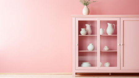this elegant cupboard stands against a soothing pastel pink wall, providing a delicate and feminine backdrop for beautifully showcasing products, perfect for lifestyle, home decor, and interior design photography, evoking a sense of softness and serenity. ai generatedの素材