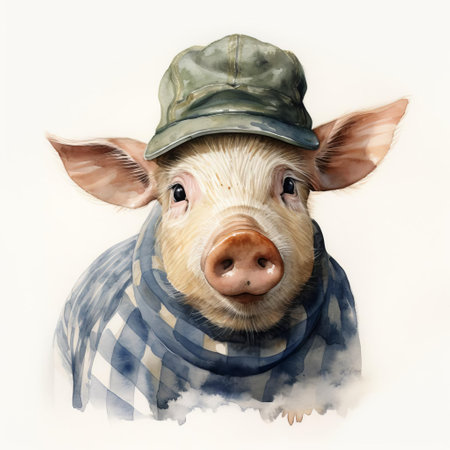 this charming pig, adorned with a stylish hat, takes center stage on a crisp white background in a beautiful watercolor artwork, showcasing the artist's skillful brushstrokes and playful use of color, perfect for animal lovers and fans of whimsical illustrations. ai generatedの素材