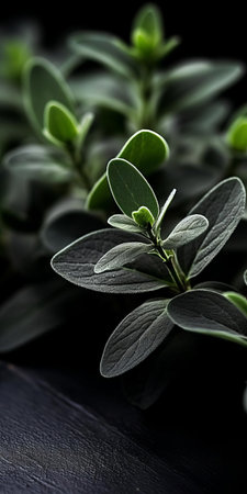 the sage plant, with its delicate green leaves and woody stems, thrives on a bed of black shingle, evoking a sense of sustainable design and visually tactile surfaces, captured in a soft focus style using a voigtlander bessa r2m camera, against a dark gray and black backdrop, reminiscent of tabletop photography. ai generatedの素材