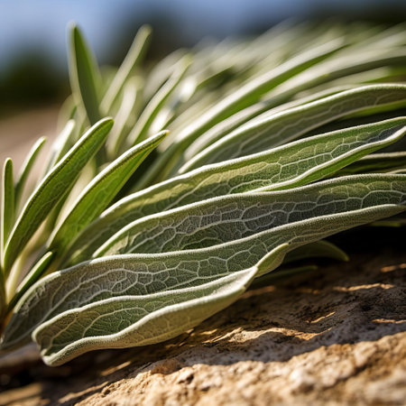 rosemary leaf, with its delicate organic contours, is majestically captured in this ultra-high-definition image, reminiscent of a national geographic photo, evoking a sense of environmentalism and tactile connection to nature's intricate beauty, perfect for those who appreciate the subtleties of the natural world. ai generatedの素材