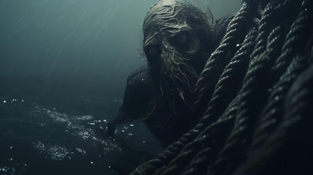 a giant squid exudes a menacing presence as it gets dragged to the bottom of the ocean by a thick, weathered rope, showcasing cinematic realism in this eerie, underwater scene, evoking a sense of foreboding and fear, reminiscent of a deep-sea horror movie. ai generatedの素材