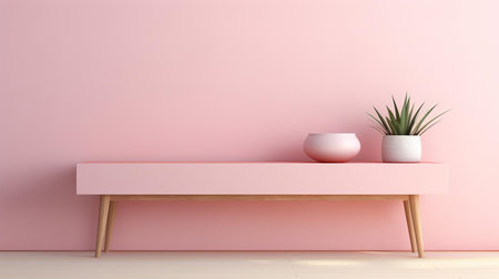console stands elegantly against a soothing pastel pink wall, providing a soft, feminine, and minimalist backdrop for product showcasing, perfect for beauty, fashion, and lifestyle brands seeking a delicate and sophisticated visual aesthetic. ai generatedの素材