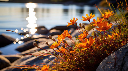 the shoreline beckons with its serene ambiance, where vibrant fall wild flowers in warm shades of orange and rust sway gently in the breeze, creating a picturesque scene that's perfectly captured through the lens of professional photography, evoking feelings of tranquility and connection with nature. ai generatedの素材