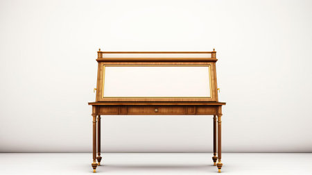 the davenport desk, adorned with a luxurious golden frame measuring 3 by 2 inches, perfect for showcasing a canvas, takes center stage against a clean and minimalistic white background, evoking a sense of sophistication and elegance in any home office or study space. ai generatedの素材