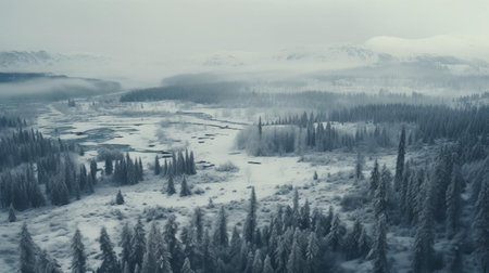 mountain peaks stretch towards the sky in this breathtaking snowy landscape viewed from above, showcasing a serene winter wonderland with a unique flat, duotone color scheme, evoking a sense of calmness and tranquility, perfect for nature lovers and photography enthusiasts alike. ai generatedの素材