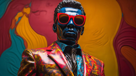this lithography statue, donning trendy dark cool sunglasses, stands out against a vibrant and colorful background, showcasing a unique blend of modern style and artistic expression, perfect for fans of urban art, street art, and contemporary sculpture. ai generatedの素材