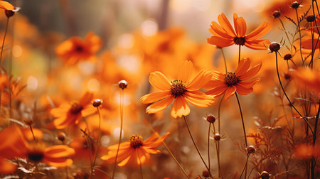 wildflowers, bathed in warm sunlight, showcase their vibrant hues of orange and rust, as the gentle rustle of their petals whispers the arrival of autumn, in this stunning photograph capturing the essence of fall foliage, perfect for nature lovers and photography enthusiasts alike. ai generatedの素材