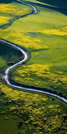 rural landscapes unfold in serene majesty, showcasing an endless expanse of undulating hills dotted with vibrant wildflowers and tall swaying grasslands, evoking a sense of tranquility and peacefulness, captured in stunning 8k resolution with a still life photography style. ai generatedの素材