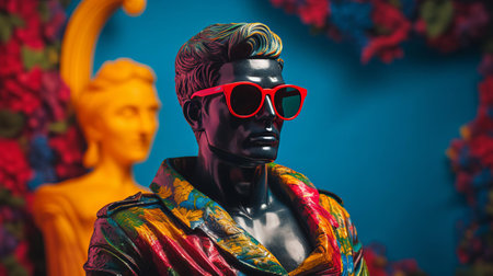 the renaissance art statue, adorned with dark cool sunglasses, stands out against a vibrant and colorful background, blending centuries-old elegance with modern-day swag, creating a unique and captivating visual contrast that showcases the fusion of art and fashion. ai generatedの素材