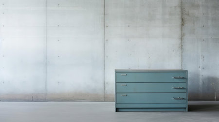a file cabinet stands alone in a minimalist brutalist setting, its metallic body and clean lines accentuated by the stark empty space, captured in exquisite detail through the lens of a mamiya rz67 camera, zoomed in to highlight the textures and tones of this everyday office fixture. ai generatedの素材