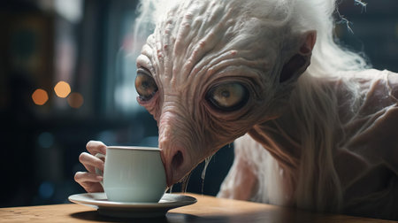 the creature, frozen in shock, grasps its head in a dramatic display of emotion, set against a dark, grainy background that amplifies the sense of tension, showcasing the hyper-realistic sci-fi style reminiscent of alessio albi's work, crafted with bryce 3d and minimal retouching, evoking a bold and dynamic atmosphere. ai generatedの素材