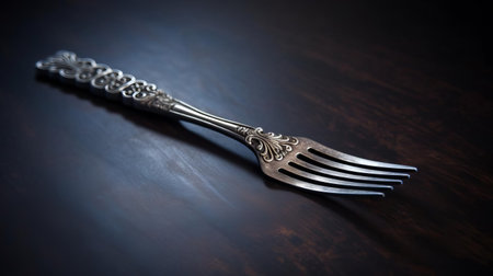 the fork lies elegantly on a table in the study, showcasing its sleek gray design against a subtle gray background, illuminated by natural lighting, highlighting its sophisticated style, and captured in stunning hd quality, perfect for those who appreciate good design and aesthetics. ai generatedの素材