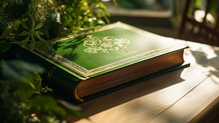 the book lies serenely on the table in the study, its beautiful green design and cover art standing out against the calming green tone of the background, illuminated by natural lighting, creating a warm and inviting atmosphere in this stunning high-definition photograph. ai generatedの素材