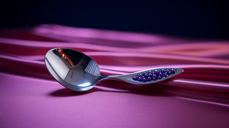 the spoon, with its unique violet design, lies elegantly on a table in the study, set against a subtle violet background that complements its tone, capturing the essence of simplicity and style, illuminated by natural lighting, showcasing a stunning hd image. ai generatedの素材