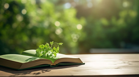 the book lies serenely on a table in the study, its beautiful green cover design radiating elegance against a calming green background, bathed in natural lighting that accentuates its vibrant green tone, creating a stunning visual harmony in this high-definition photograph. ai generatedの素材