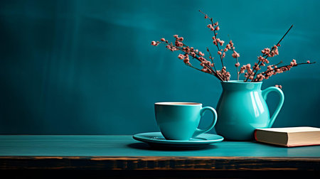 the turquoise cup lies serenely on the table in the study, showcasing its unique to-cup design and style, set against a calming turquoise background that complements its tone, all captured in stunning high-definition clarity under natural lighting. ai generatedの素材