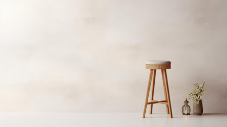 elegant stool mockup sits atop a plush futon, surrounded by a blank poster frame, basking in the soft glow of studio lighting, showcasing a professional photograph that exudes artistic flair and unique style, worthy of an award-winning composition. ai generatedの素材