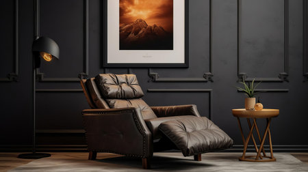 the recliner, adorned with a blank poster frame, sits elegantly atop a plush chaise lounge, bathed in studio lighting, showcasing a masterclass in professional photography, blending artistic flair with unique composition, worthy of an award-winning shot, perfect for interior design and home decor inspiration. ai generatedの素材