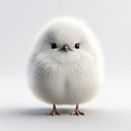 the bird stands proudly on a pure white background, showcasing its adorable fluffy feathers in a full-length pose, captured with a wide-angle lens to highlight its tiny features, making it a perfect addition to any design or illustration project. ai generatedの素材