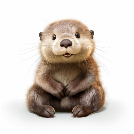 the otter, a cute and fluffy character, stands out against a pristine white background, showcasing its adorable features in a full-length pose, captured with a wide-angle lens to highlight its playful nature and endearing expression. ai generatedの素材