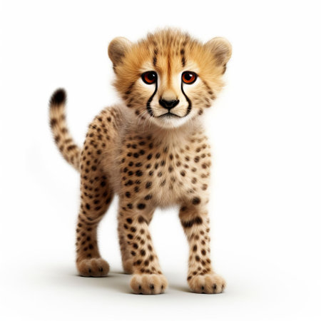 the cheetah, a majestic and agile predator, stands proudly in front of a pure white background, showcasing its adorable fluffy fur and striking features in this high-quality, full-length photograph taken with a wide-angle lens, perfect for nature and wildlife enthusiasts. ai generatedの素材