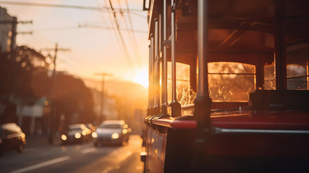 a cable-car stands parked on the side of the road at sunset, its intricate details and vibrant colors captured in stunning high resolution through a low-angle shot, showcasing the capabilities of the sony alpha a7 mark iv camera in 8k, perfect for transportation and travel enthusiasts. ai generatedの素材