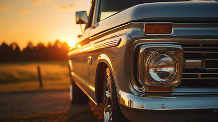 a rugged pickup truck is majestically parked on the side of the road, bathed in the warm, golden light of a breathtaking sunset, captured in stunning 8k resolution with a low-angle shot from the front, showcasing its sleek design and impressive details, shot on a sony alpha a7 mark iv camera. ai generatedの素材