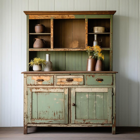 this rustic rayon hutch showcases the natural grain, cracks, and peeling paint, capturing the vintage charm of a distressed antique furniture piece, perfect for adding a touch of retro flair to any room's decor, blending farmhouse style with industrial chic elements. ai generatedの素材