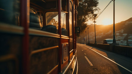 a cable car stands parked on the side of the road at sunset, its vibrant colors and intricate details captured in stunning high resolution through a low-angle shot, showcasing the capabilities of the sony alpha a7 mark iv camera in 8k, perfect for transportation and travel enthusiasts. ai generatedの素材